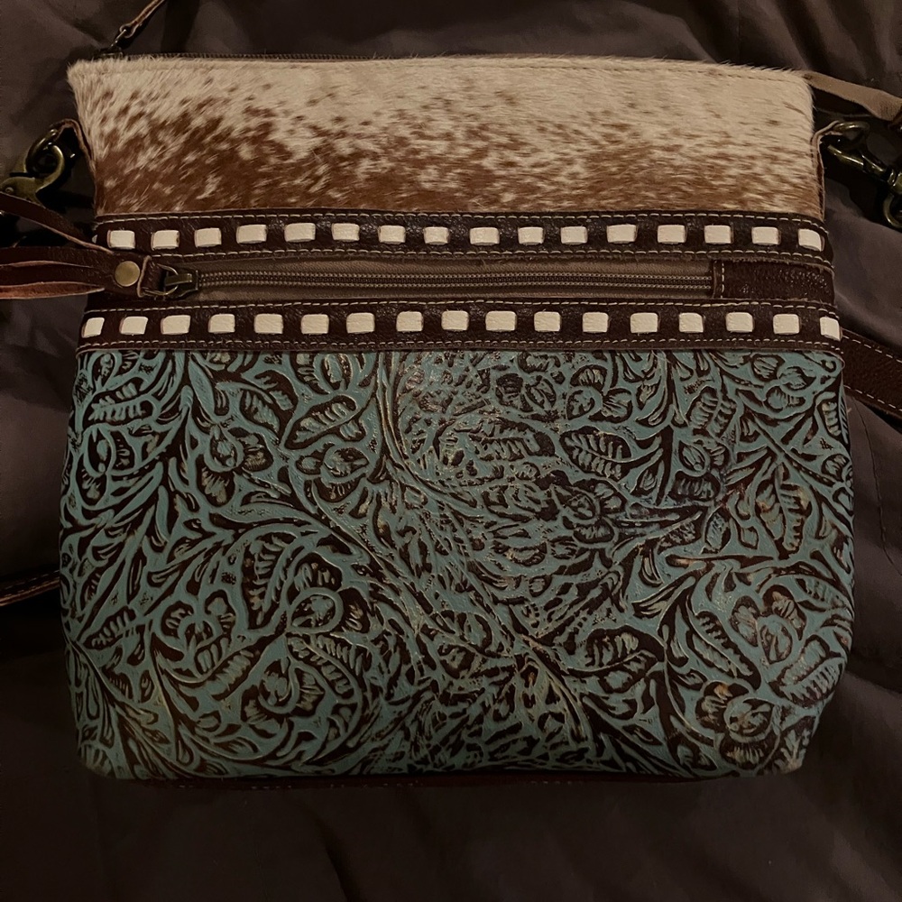 Myra Bag Brown and Teal Embossed Shoulder Bag